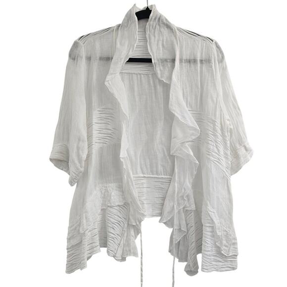Made in Italy 100% Linen White Ruffle Open Cardigan Boho Lagenlook Coastal Goth - Picture 1 of 7